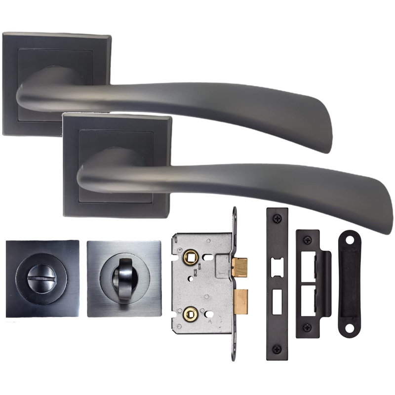  Scimitar Design Bathroom Door Handles in Matt Satin Black Finish on Square Rose with Matching Thumbturn and 64mm Bathroom Mortise Lock