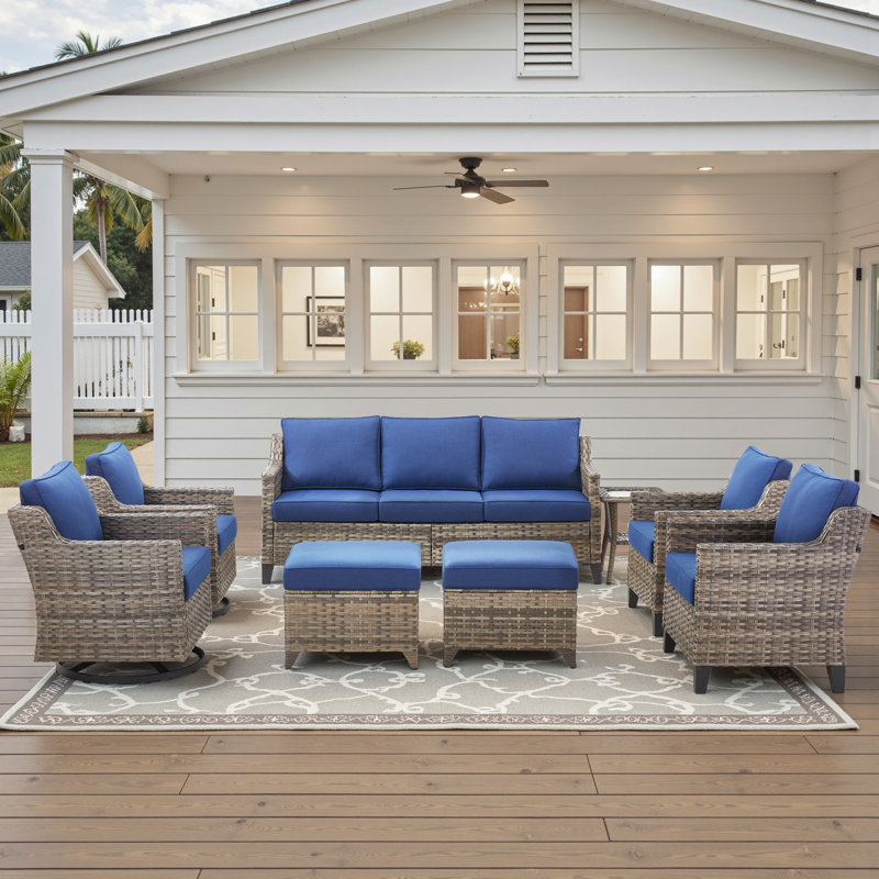 9 - Person Outdoor Wicker Patio Conversation Furniture Sofa Set With Swivel Chairs & Ottomans, Blue