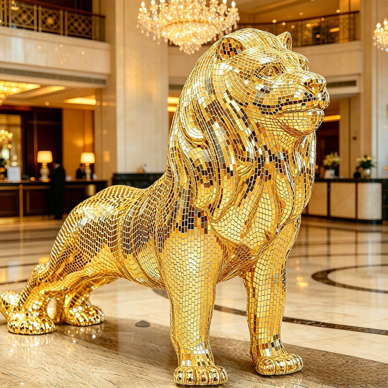 Grande statue de lion en mosaïque en diamant avec miroir moderne, Doré