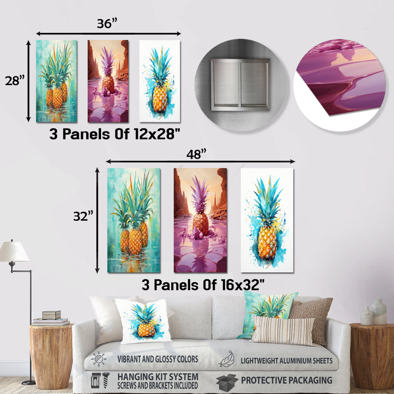 «Exotic Pineapple Oasis», ensemble de 3 reproductions d'art en métal, H 32 po x l 48 po