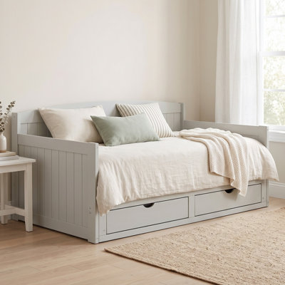 Lit de jour simple en bois massif avec couchette et tiroirs, gris tourterelle