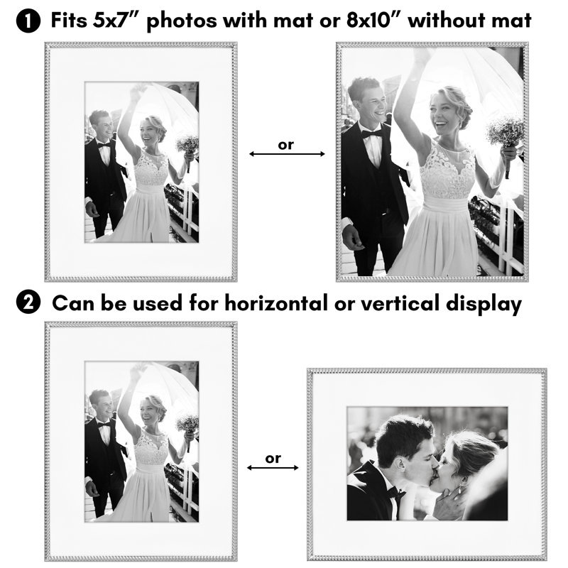Cadre photo avec détails en métal texturé de style tapis et corde et verre incassable, Argent argent, L 8 po x H 10 po