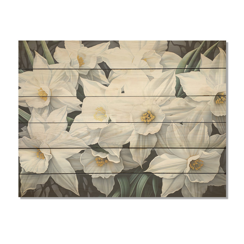 Minimalisme, jonquilles blanches I - Jonquilles, art mural sur bois de pin naturel, H 10 po x l 20 po