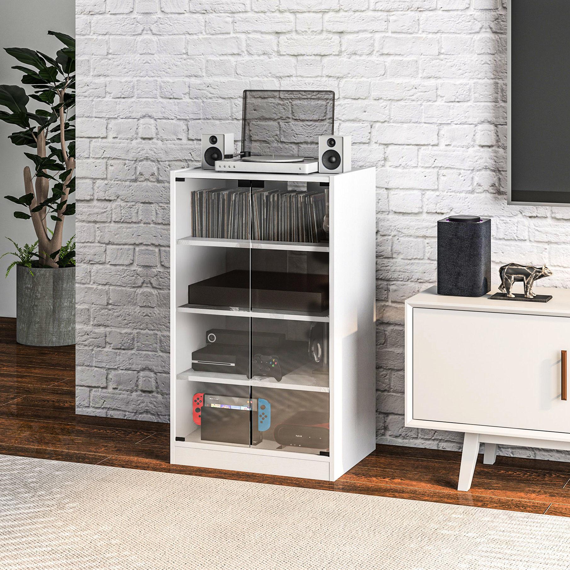 Ebern Designs 4 Media Cabinet, Tempered Glass Doors, Adjustable Shelves ...