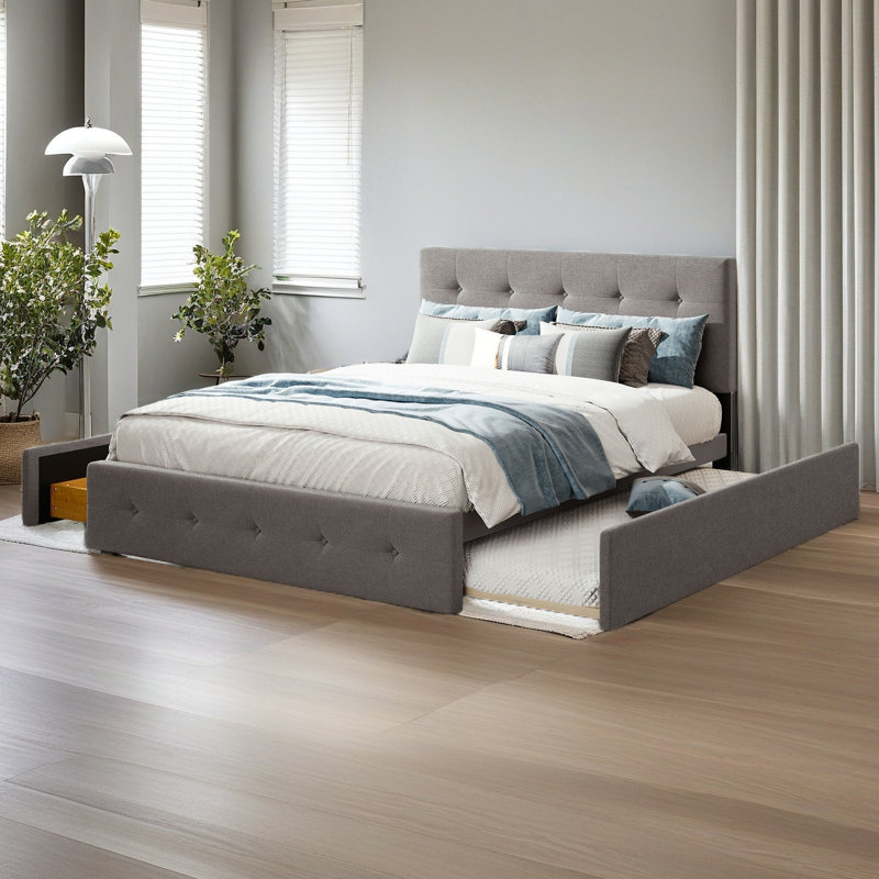 Lit plateforme tapissier avec 2 tiroirs et 1 lit gigogne simple TG, Gris clair