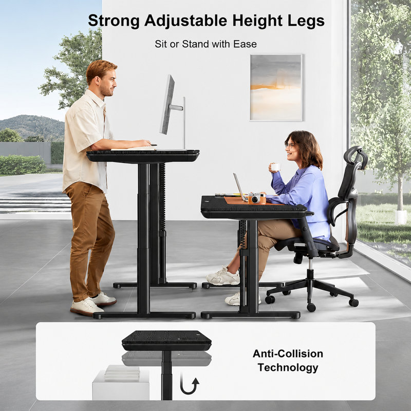 Bureau assis-debout réglable en hauteur (145 cm) avec chargeur de téléphone sans fil, ports USB 100 W, système anticollision, tiroir à éclairage DEL et contrôle par application, noir