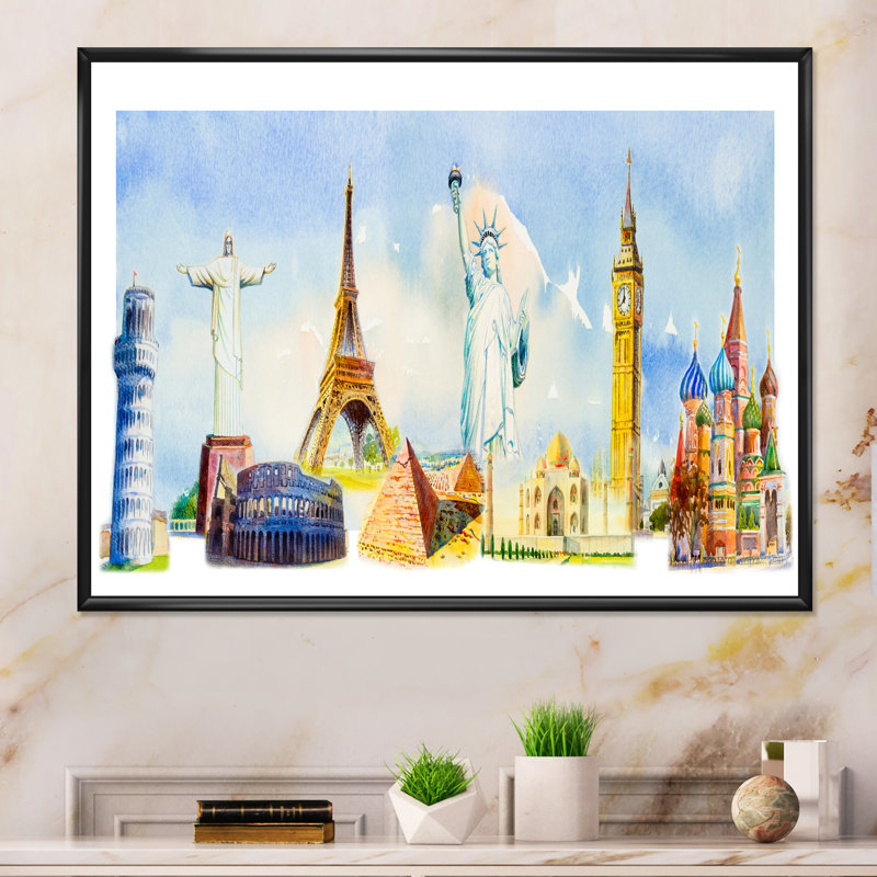 «Famous Repères Of The World IV», reproduction sur toile flottante, H 16 po x l 32 po x P 1 po, Cadre flottant noir