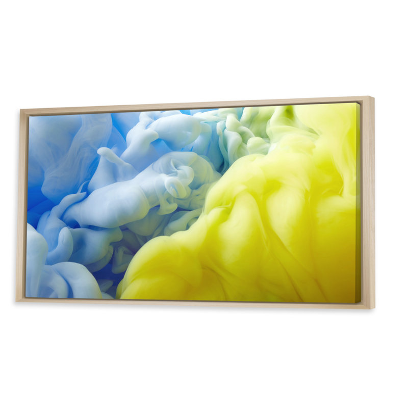 Encre liquide jaune et bleue - Impression sur toile, H 12 po x l 20 po x P 1 po, Encadrement brun