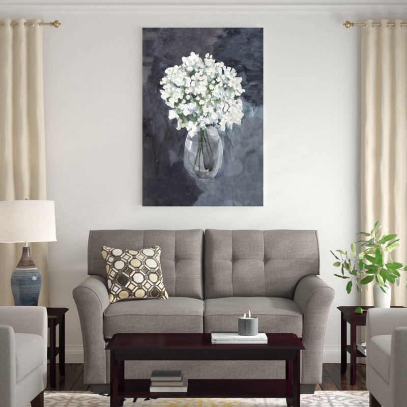 «White Flowers in Vase Watercolor Blue», reproduction d'art sur toile tendue, H 48 po x l 32 po