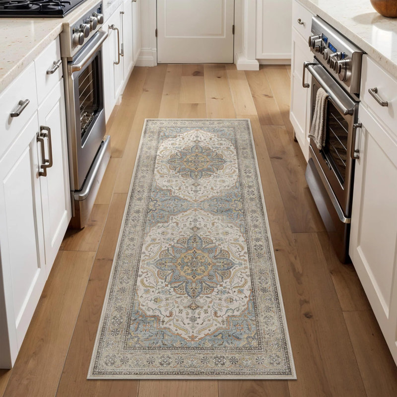 Oriental Washable and Non-Slip Performance Beige / Gray Indoor Runner Rug, Runner 2' x 10'