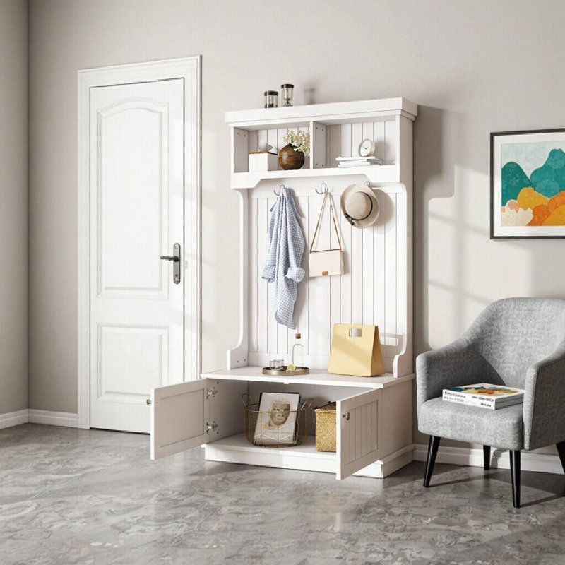 White 4-in-1 Hall Tree with Storage Shoe Bench, Coat Racks & Display Shelves for Entryway, White