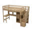 Lit mezzanine simple en bois avec bureau intégré, DEL, tablettes de rangement, armoires et escalier, noyer-680685046