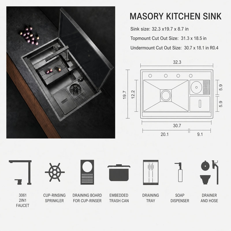32.25'' L Single Bowl Stainless Steel Kitchen Sink, Gun Gray