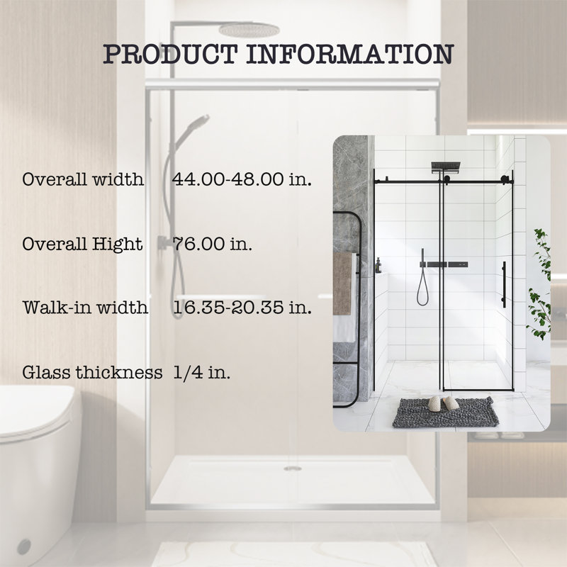 Frameless Shower Door 44-48 "W X 76" H, 1/4 "(6 Mm) Clear Tempered Glass, Explosion Proof Film, Stainless Steel Handle, Matte Black