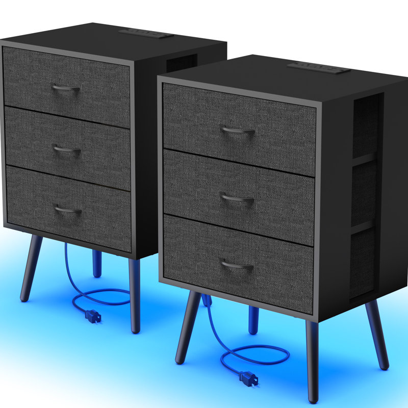 Ensemble de 2 tables de chevet modernes avec station de charge et tiroirs télécommandés à DEL et tables de chevet non tissées. Prise pour charger un ordinateur portable. Panneau enduit, Scratch durable. Le tiroir peut supporter