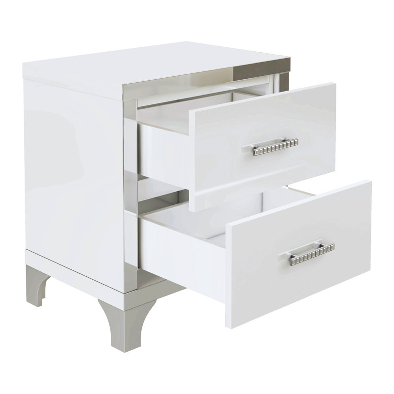 Table de chevet 2 tiroirs Hartwig, Argenté / blanc