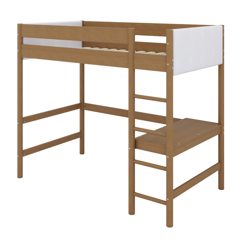 Rustic Rubberwood Bunk Bed With Safety Ladder, Guardrails And Cozy Teddy Bear Upholstered Headboard,Footboard