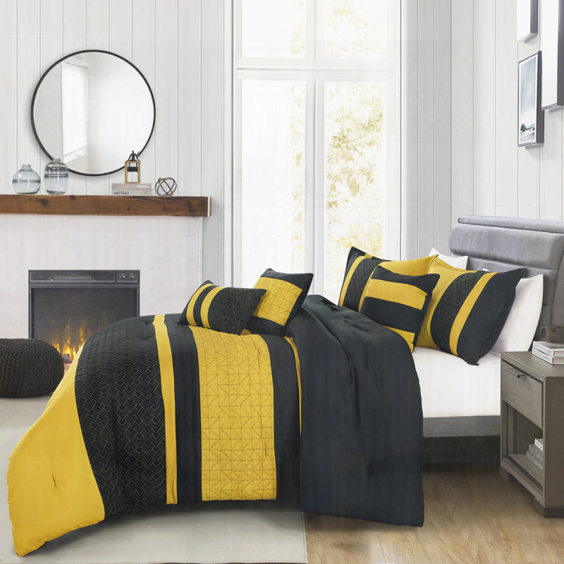Ensemble d'édredon en microfibre matelassé noir et jaune 6 pièces avec motifs géométriques et coussins décoratifs, Grand lit