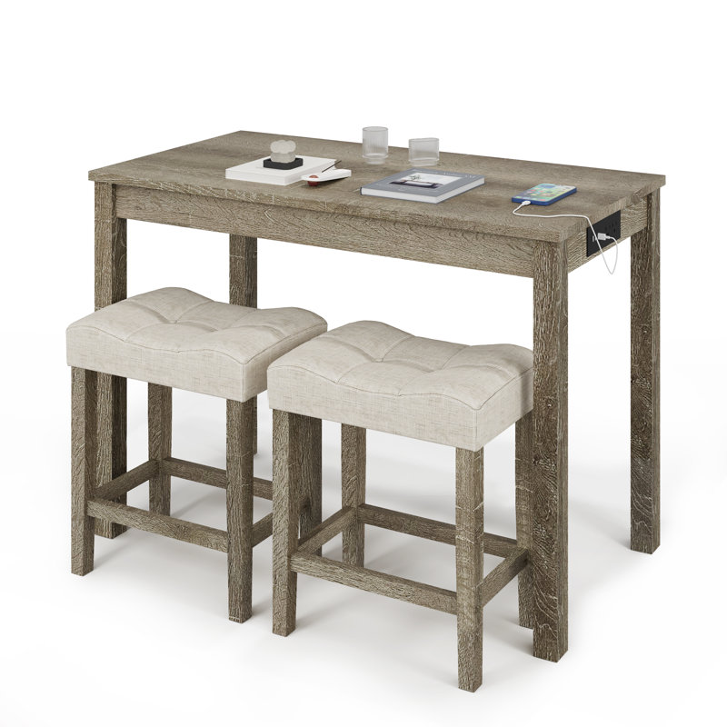 Shrivas Bar Table and Chairs Set, 3-Piece Dining Table Set for 2 with Built-in USB and Power Outlets, Counter Height Table and 2 Bar Stools Space Saving for Dining Room Living Room Small Kitchen