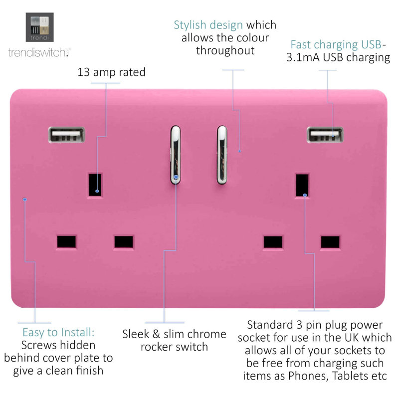 Trendi Switch 2 Gang USB 3100mA Plug Socket, Pink