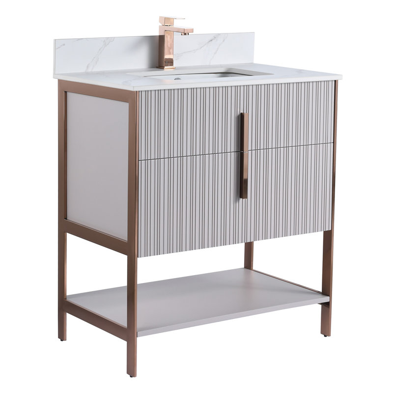 Meuble-lavabo moderne avec plateau en pierre de Carrare Fine Fine Fixtures Serenity, Taupe vif / or rose, 30"