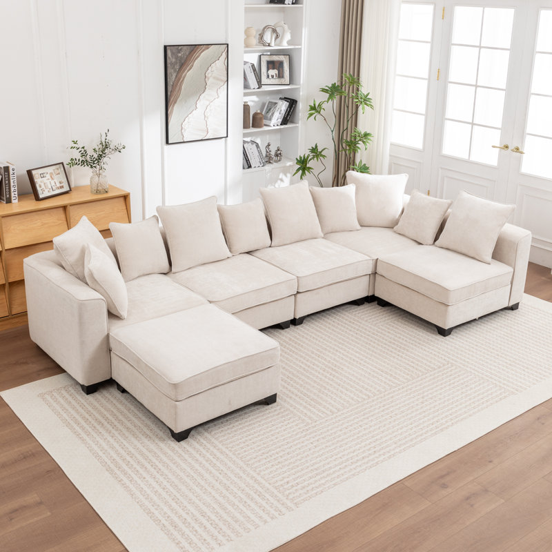 Kempson 6 - Piece Upholstered U-Shaped Sectional Sofa With Ottoman, Beige Polyester