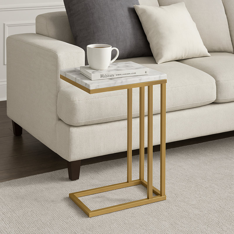 Carbone Modern C-Shape Side Accent Side Table for  with Marble Efect Top - Sofa or Bedside