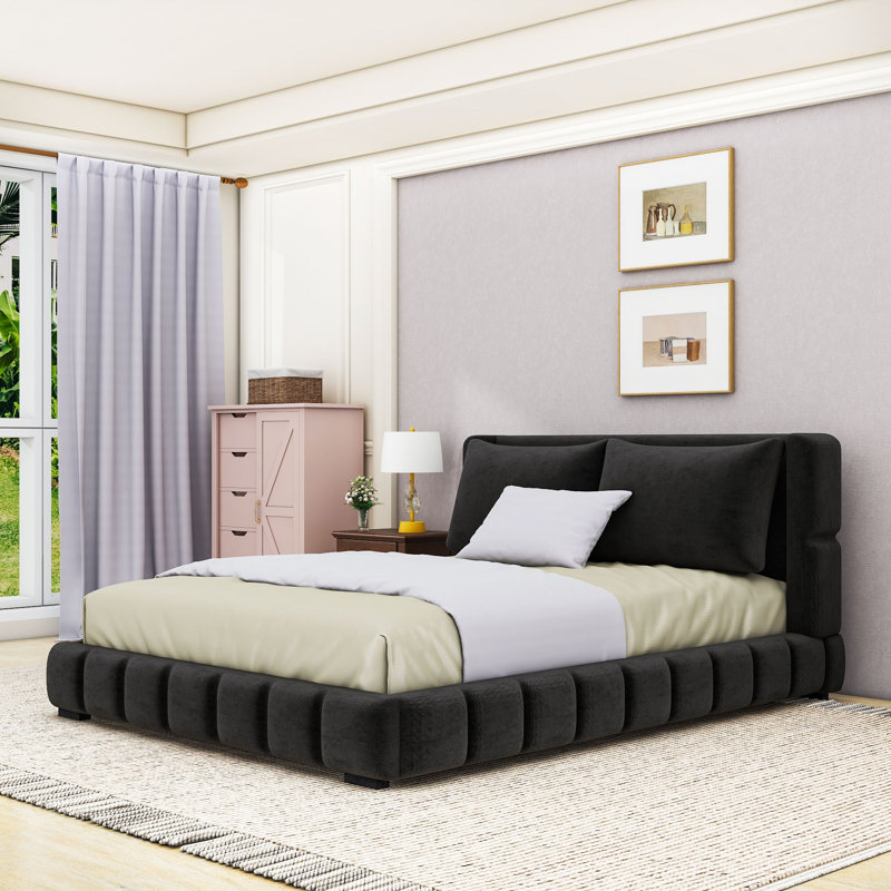 Lit plateforme tapissier avec 2 coussins, Noir, Grand lit