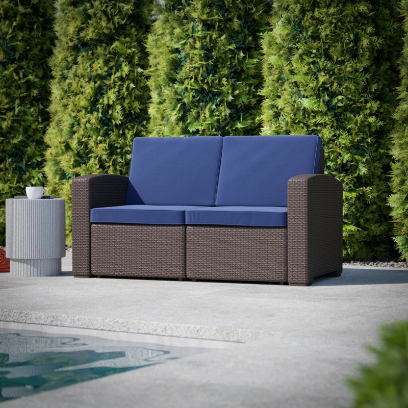 Alderman Faux Rattan Loveseat with All-Weather Cushions, Brown/Navy