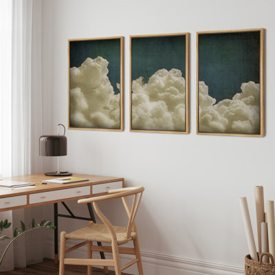 Vert, bleu marine, nuages pastel, paysages abstraits, décorations murales minimalistes rétro Moody 3, 3 pièces