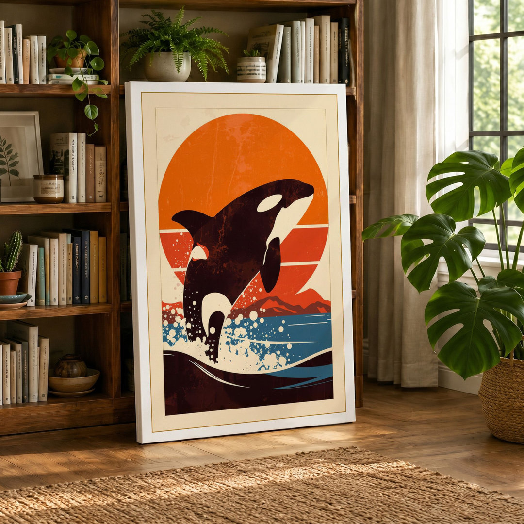 Leaping Orca at Sunset Art Deco - Wrapped Canvas