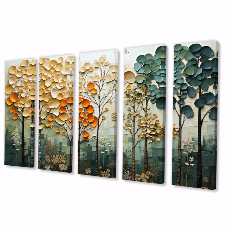 " Orange Green Trees Canopy Patchwork I " 5 - Pieces