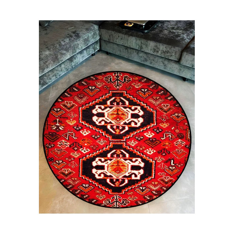 Red Theme Ethnic Motif Traditional Patterned Round Woven Base Vintage Decorative Carpet, Round 4'