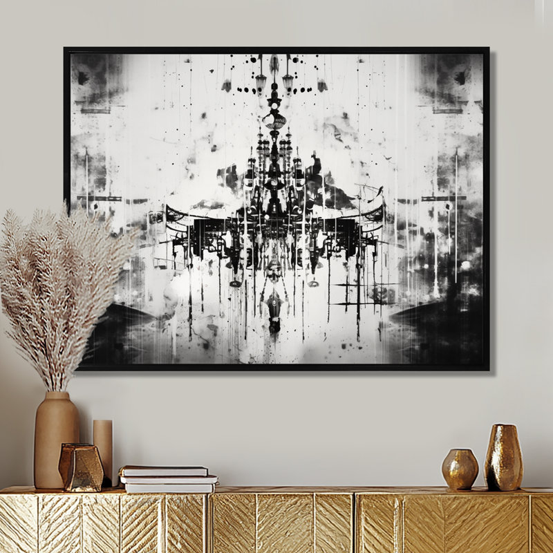 Reneau - Glam Chandelier Wall Art, 12" H x 20" W x 1" D, Black Floater Framed Canvas
