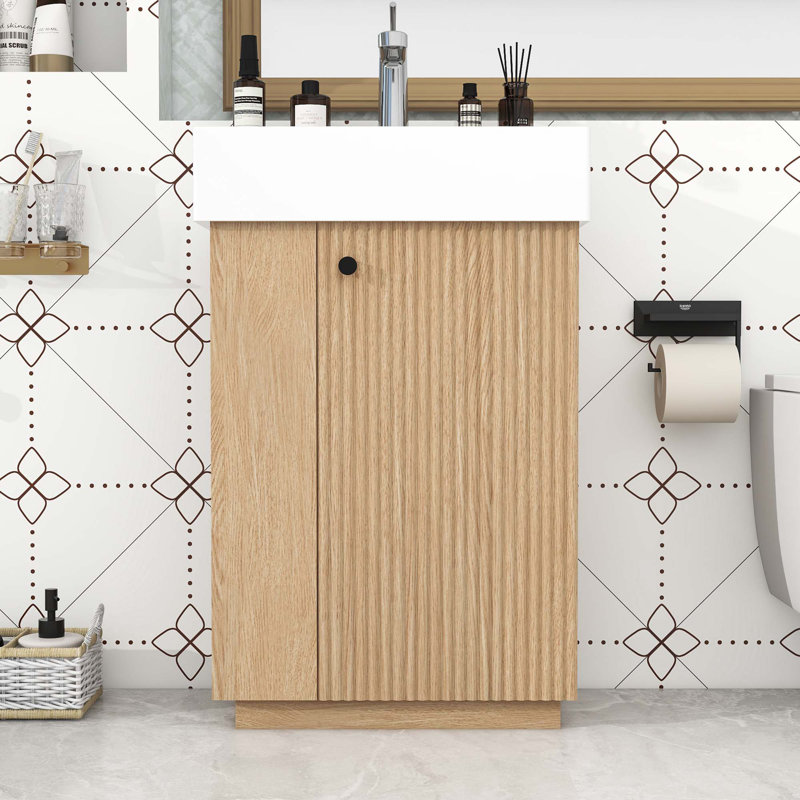 Meuble-lavabo de salle de bain avec lavabo en céramique, porte à fermeture en douceur et tablettes réglables