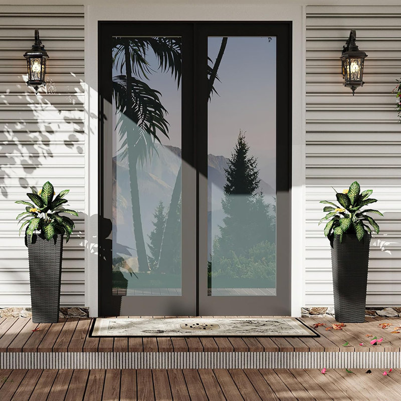 Set of 2 Tall Planters for Outdoor Plants, 24 in Decorative Planter Pots with 4 Drainage Holes, Large Tall Planter for Indoor or Outdoor Front Porch for Patio, Backyard, Home Garden, Black , with Tray