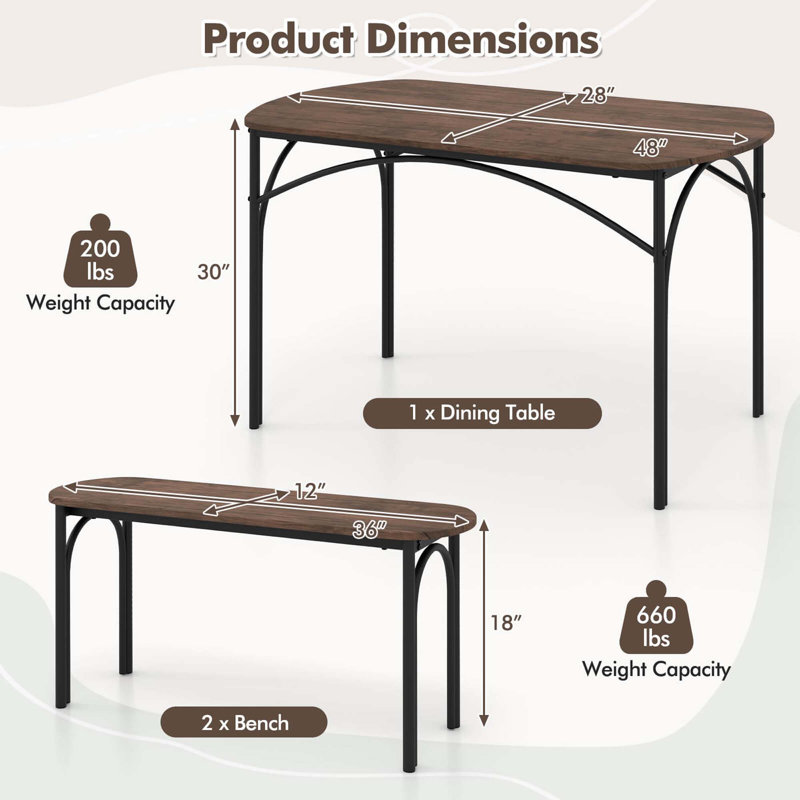 17 Stories 3 Pcs 48" Dining Table Set For 4rectangular Table & 2 Benches With Metal Frame