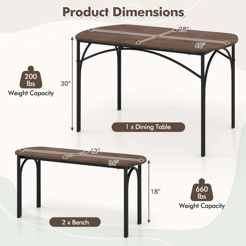 Ensemble de table de salle à manger 17 pièces 3 pièces 48 "pour 4 tables rectangulaires et 2 bancs avec structure en métal 17 Stories