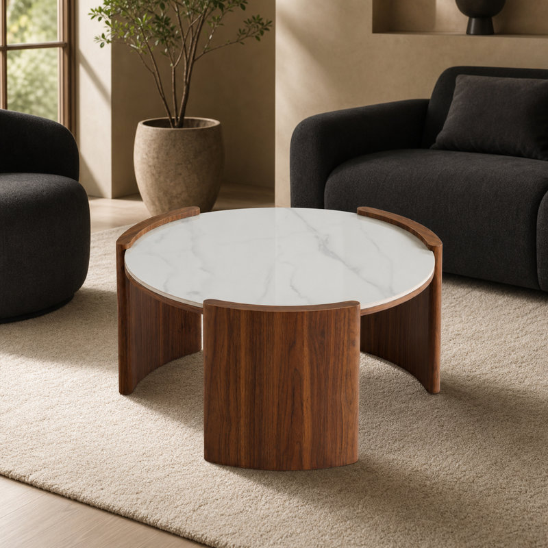 Table basse ronde moderne en pierre frittée moderne, 31,5 pouces, centre avec aspect marbre blanc brillant, Glossy White