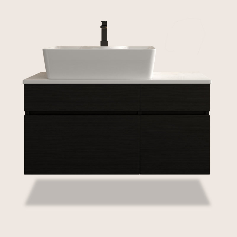 Meuble-lavabo flottant noir 31,5 po avec vasque en céramique blanche et conception murale