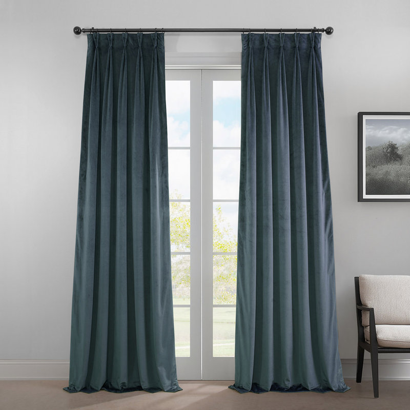 French Pleat Heritage Plush Velvet Room Darkening Single Curtain Panel, London Blue, 25" W x 96" L