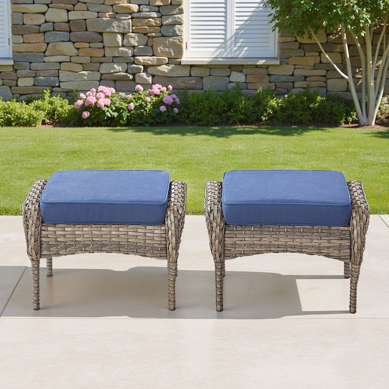 Ensemble de 2 repose-pieds d'extérieur en osier PE avec coussin pour la cour ou la terrasse, Bleu, Gris