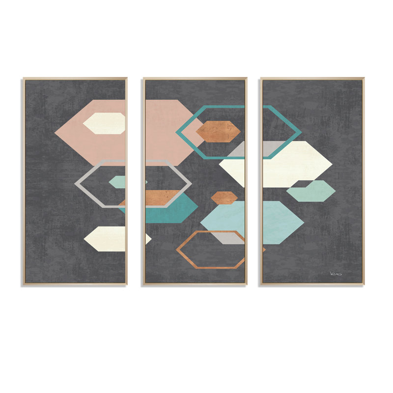«Geometric Hexagons Pattern IV», ensemble d'art mural encadré moderne sur toile Mid-Century, H 32 po x l 48 po x P 1 po