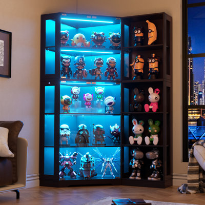 Vitrine d'angle avec portes vitrées et éclairage à DEL, vitrine en verre de 71 po pour objets de collection, jouets, livres, bibliothèque supplémentaire avec 5 tablettes, armoire de rangement pour le salon, la chambre à coucher, le bureau