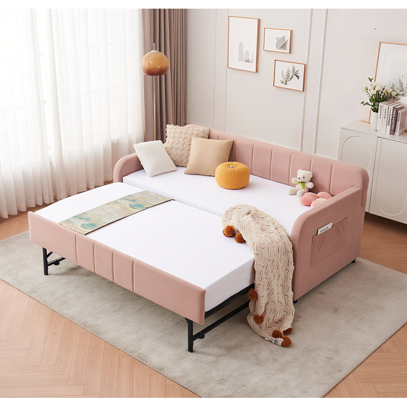 Twin Daybed With Trundle, Sofa Bed For Bedroom Living Room,Guest Room, Pink