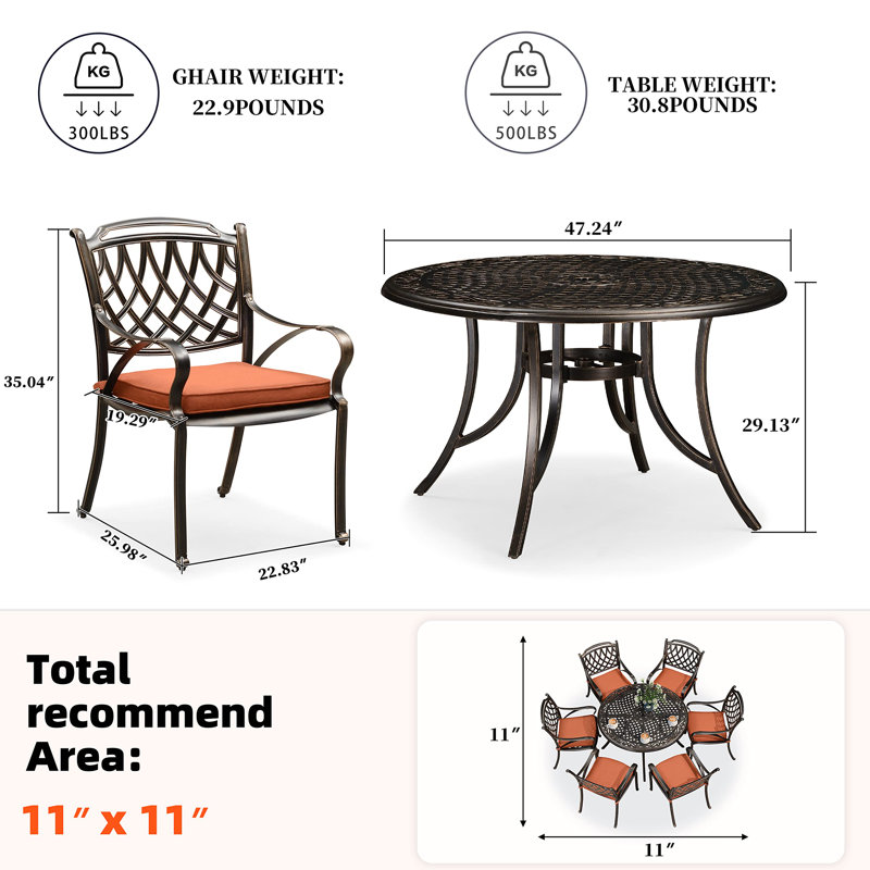 6 - Person Patio Dining Set with Round Table , Cushions Included, Brown