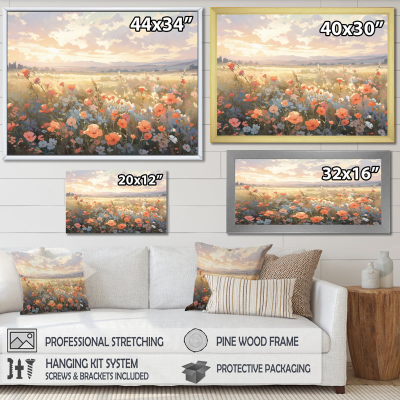 Corail, beige, prairie sauvage, art floral sur toile I, H 24 po x l 32 po x P 1 po, Cadre flottant blanc