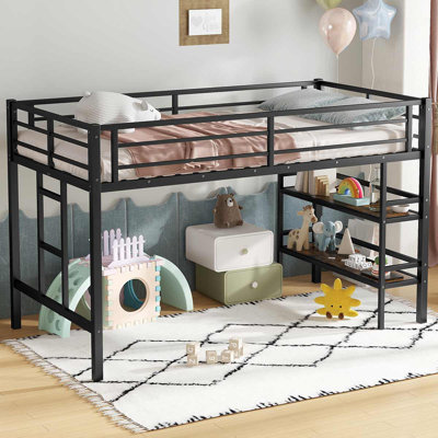 Twin Size Loft Bed Minimalist Design With Storage Shelf And Guardrails For Kids, Black