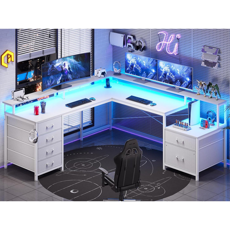 Rockville 108.2'' W L-Shaped Computer Desk with Drawers and Power Outlets, White