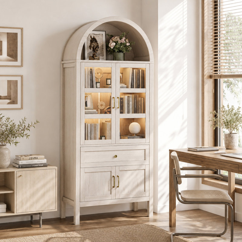 71'' Tall Full Wood Arched Storage Cabinet Adjustable Shelves Bookcase With LED Lights, Light Gray-White